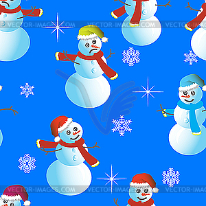 Seamless background of snowmen and snowflakes - vector image