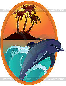 Dolphin near tropical island in wooden frame - vector clip art