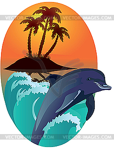 Dolphin and tropical island - vector image