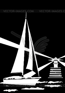 Lighthouse and sailing yacht - vector clipart