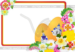Пасхальная открытка с яйцами и цветами - цветной векторный клипарт