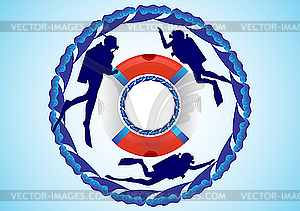 Lifebuoy and scuba divers - vector image