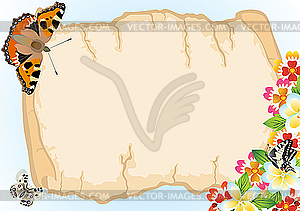 Old papyrus, butterflies and flowers - vector clipart