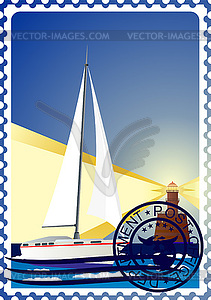 Postage stamp Yacht at sea and the lighthouse  - vector clipart