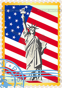 Postage stamp with the flag and the Statue of Liberty - royalty-free vector clipart