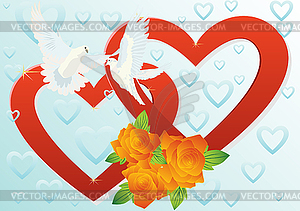 Two hearts and two doves - color vector clipart