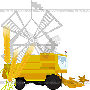 Spikes of wheat and combine harvester - vector clipart / vector image