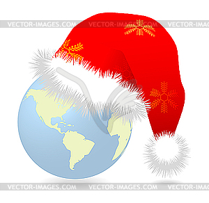 Santa cap over earth globe - vector clipart