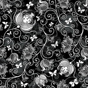 Seamless black-white floral pattern - vector clipart / vector image