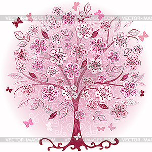 Pink decorative spring tree - vector image