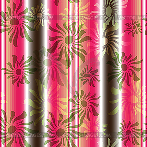 Розово-зеленый цветочный бесшовных полосатый рисунок - иллюстрация в векторном формате