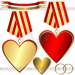 Золотые и красные сердца - векторное изображение EPS