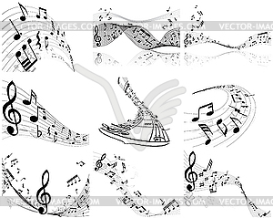 Set of designs with music notes - white & black vector clipart