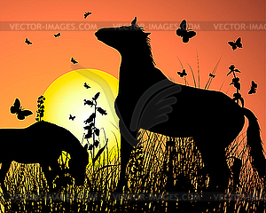 Лошади на фоне заката - векторное изображение клипарта
