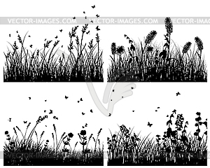 Set of grass silhouettes - white & black vector clipart