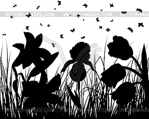 Meadow silhouettes - white & black vector clipart