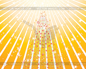 Stylized christmas tree in yellow rays - vector image