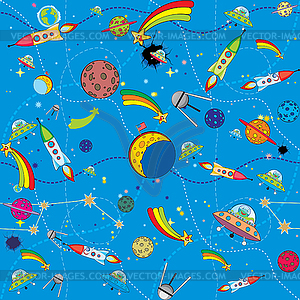 Similar space background with rockets and planets - vector clipart