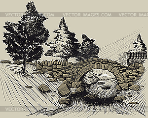 Old stone bridge in the forest across the river - vector clip art