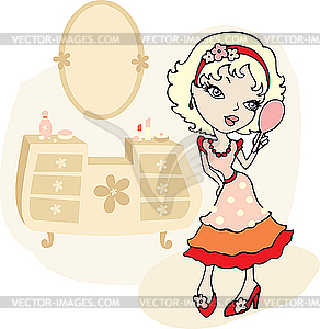Girl with hand mirror - vector clipart