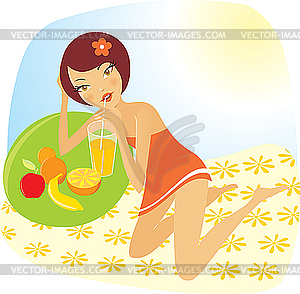 Girl drinks juice - vector image