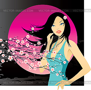 Girl with blooming cherry twig - vector clip art