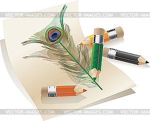 Pencils and feather - vector image