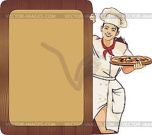 Italian waitress and pizza menu - vector clipart