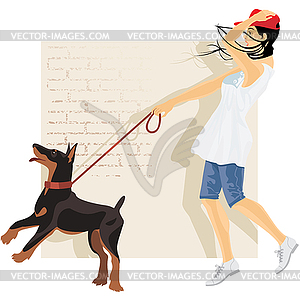 Dog and girl - color vector clipart