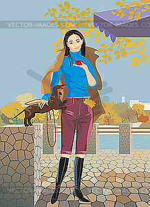 Autumn coffee, girl with dog - vector image
