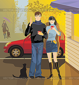 Street cafe, young man and girl - vector clipart