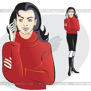 Girl in red sweater with mobile phone - vector image