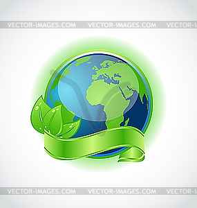 Green earth with leaves wrapped ribbon - vector clipart