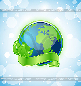 Green earth with leaves wrapped ribbon - vector image