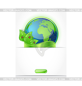 Green earth with leaves and ladybugs, paper with emblem - stock vector clipart