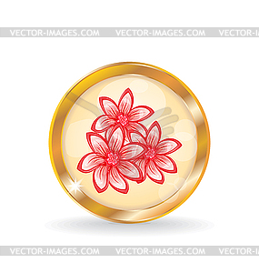 Golden circle label (button) with flowers - vector image