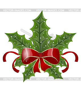 Christmas holly berry branches and bow - vector image