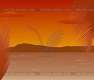 Sea landscape with mountains sunset - vector clip art