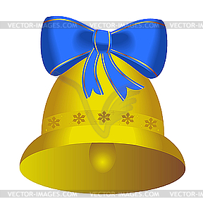 Golden christmas bell with blue bow - vector image