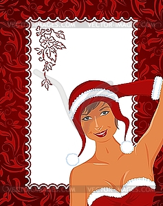 Красная новогодняя рамка с девушкой - изображение векторного клипарта