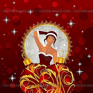 Christmas card with sexy girl and balls - vector clipart