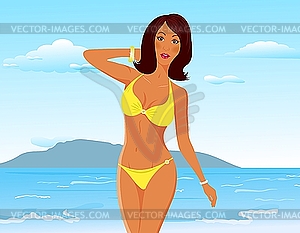 Pretty suntanned girl on beach - vector clipart