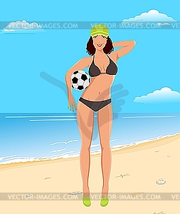 Active girl with ball on beach - vector clipart