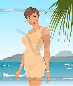 Очень загорелая девушка на пляже - изображение в формате EPS