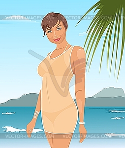 Pretty suntanned girl on beach - vector clipart