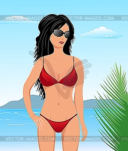 Симпатичеая девушка брюнетка на пляже - векторизованный клипарт