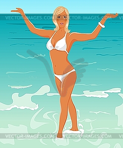 Pretty blond girl on beach - vector clipart