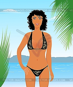 Pretty suntanned girl on beach - vector clip art