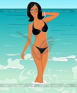 Pretty suntanned girl on beach - vector clip art