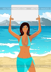 Girl in bikini with banner on the beach - vector clipart